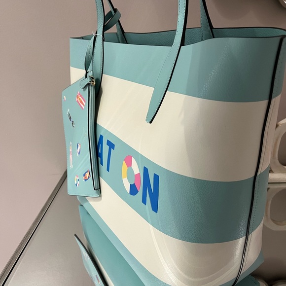 Kate Spade ♠️ Float On Poolside Splash 2pc leather tote & wristlet Reversible - Picture 3 of 7
